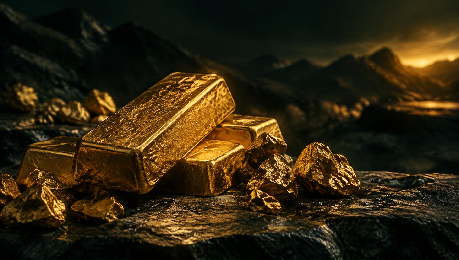 Gold dore bars and nuggets on dark stone